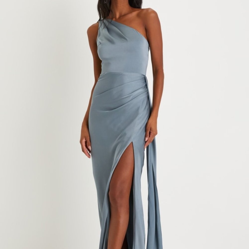 Lulus Signature Elegance Slate Blue Satin One-shoulder Maxi Dress - Size S